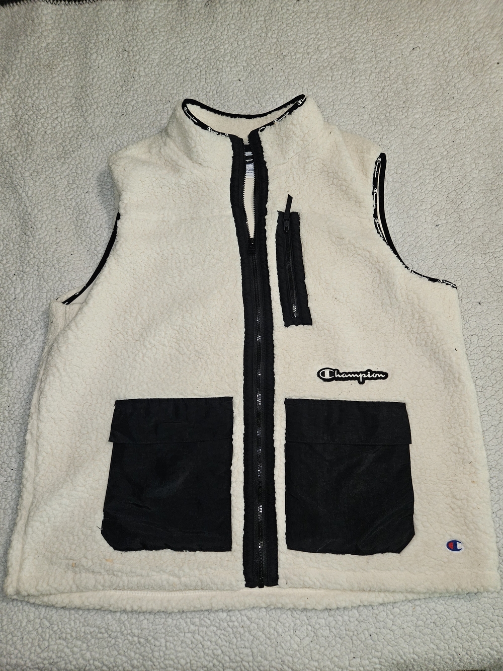 Champion Cream Sherpa Vest with Black Trim and Pockets